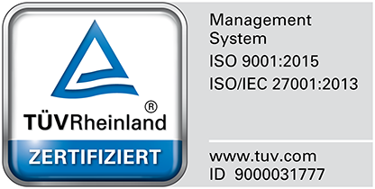 Siegel TÜVRheinland Zertifiziert nach ISO 9001:2015 und ISO/IEC 27001:2013